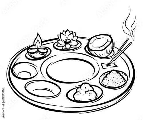 Hindu Puja Thali with Offerings for Aarti Ritual Hand Drawn Vector Illustration