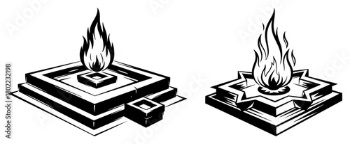 Havan Yajna Kund with Sacred Fire Hindu Ritual Vector Icon Set