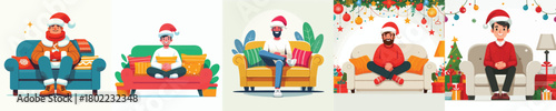 vector man sitting on sofa at christmas