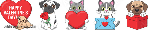 Set of Cute Valentine's Day Pet Animals Vector  - Dog, Cat, Rose, and Heart Clipart Bundle