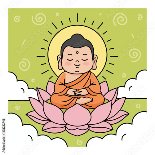 Cute Buddha Cartoon Meditating on Lotus Flower. Kawaii Spiritual Zen Vector Illustration.