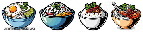 Asian Food Rice Bowl Vector Set. Collection of Traditional Japanese Thai and Korean Cuisine Illustrations.
