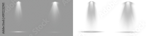 Transparent background. Vector Spotlights. Transparent allows seamless web or poster use. Bright spotlights shine down, forming focused light circles. Floodlight beam, illuminated spotlights. Scene.