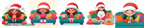 vector little girl sitting on sofa at christmas