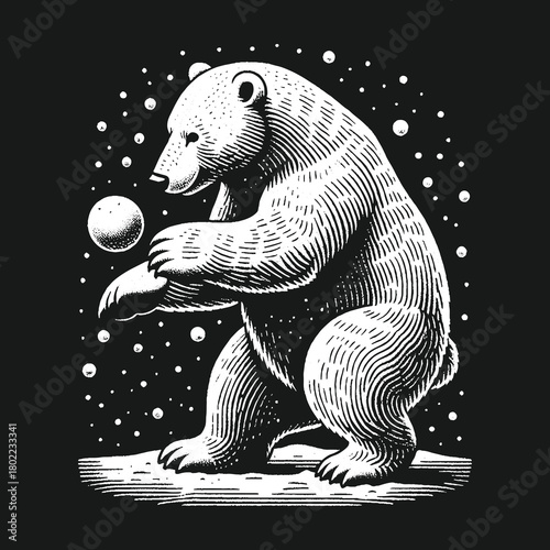 Polar Bear Engraving Playing with Snowball in Winter Night.