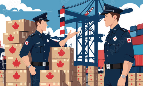 Canada trade war tariffs war customs officers inspecting shipping containers and export cargo boxes with Canadian flags at port city background website banner.
