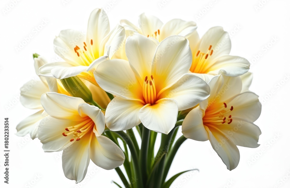 Naklejka premium White flowers bloom in fresh bouquet. Yellow centers glow with delicate stamens. Green stems support elegant blossom. Isolated on clean white background. Ideal for beauty spa wedding perfume products.