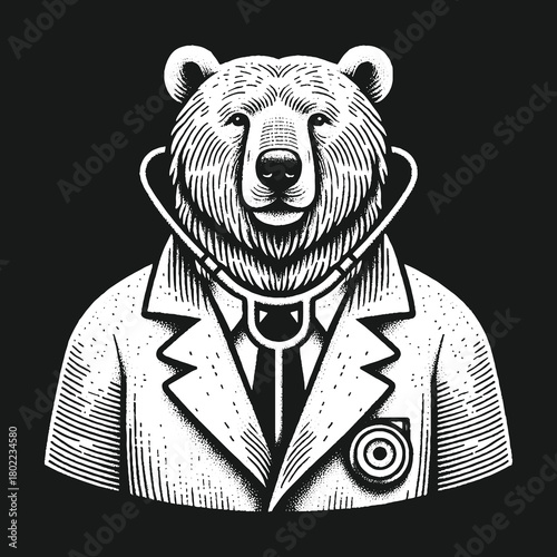 Doctor Bear Portrait: Medical Professional in White Coat.