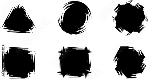 Set of black grunge abstract background templates. Brush paint ink triangle round square hexagon shaped