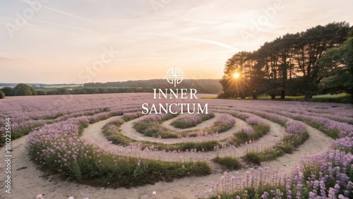 A serene lavender field maze illuminated by soft sunset light, inviting peaceful reflection and inner calm.