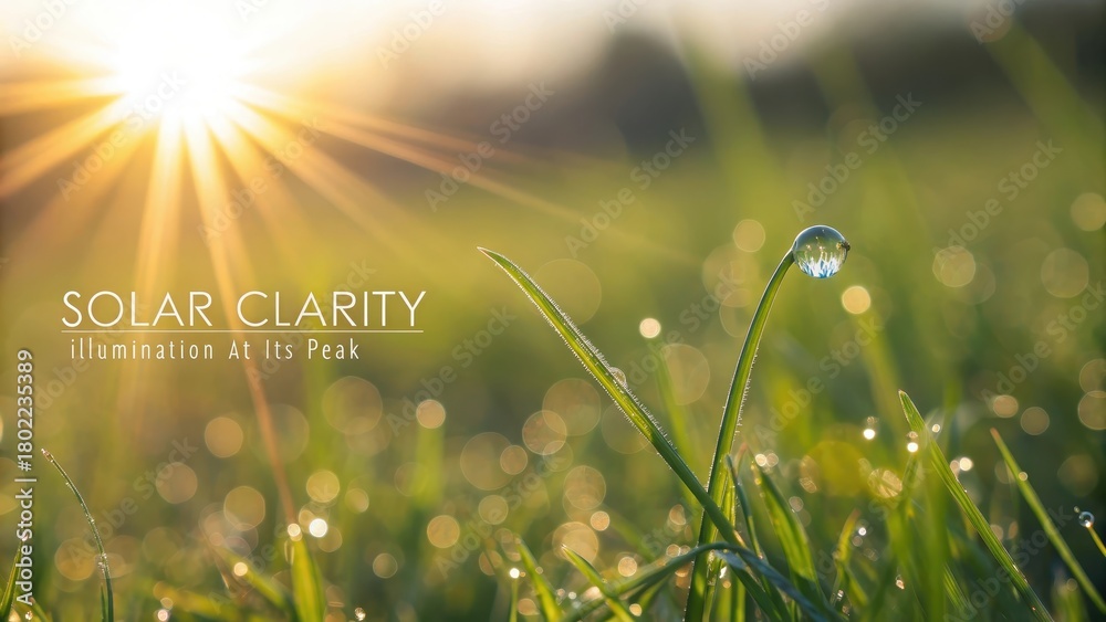 Fototapeta premium A Single Dewdrop Reflecting Sunlight on a Blade of Grass in a Sun-Drenched Meadow
