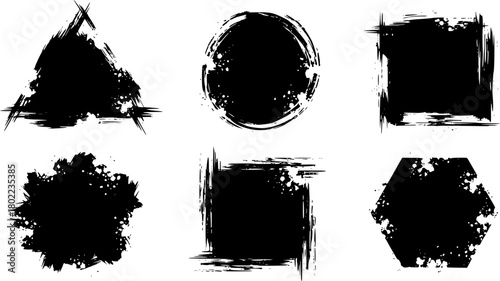 Set of black grunge abstract background templates. Brush paint ink triangle round square hexagon shaped