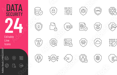 Data Security Icons set Vector illustration in modern thin style of cyber security related icons: safety, protection, privacy, and more. Isolated on transparent background.
