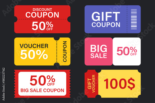 Set of discount coupon ticket. Various coupon promotion illustration. Shopping Discounts.