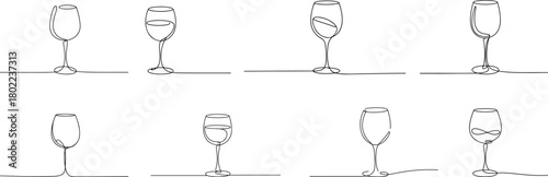 Line art of single Wine Glass , modern minimalist art set on white background.