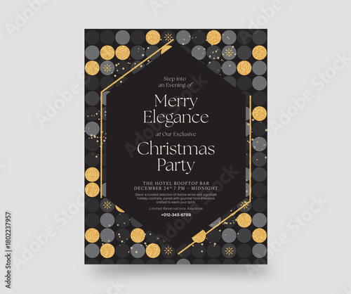 Luxury Christmas Flier Flyer Poster Banner Vector Invitation Templates with Elegant Glitter Ball Decorations, NYE New Years Eve Gala Invite Layout