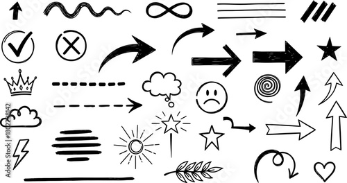 Collection of hand drawn doodles and icons including arrows checkmarks clouds and stars