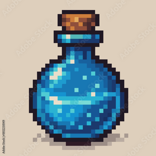 Pixel art blue potion bottle with a cork stopper on a textured background