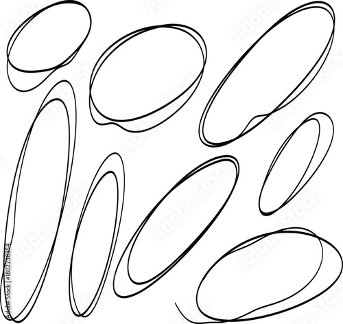 Hand-drawn sketchy black oval shapes and doodles on a clean white background