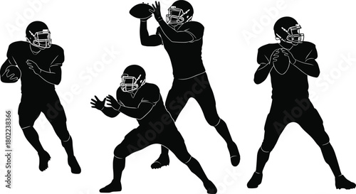 American football quarterback silhouette, throwing pass, helmet uniform action, sports training pose, athlete motion, team game, competitive field strategy