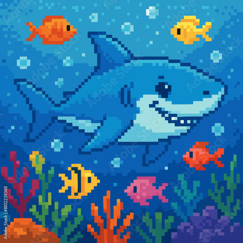 Pixel art smiling shark swimming with colorful fish in a vibrant underwater scene