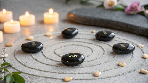 Five Black Tourmaline Stones Arranged in a Protective Circle on a Dusty Surface with Soft Candlelight.