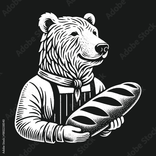 Bear Baker Holding Freshly Baked Bread Loaf Illustration.