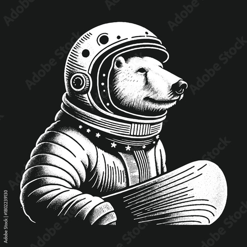 Astronaut Polar Bear with Snowboard in Space Exploration.