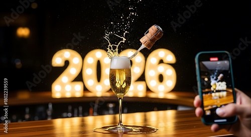 Celebrating the new year 2026 with champagne and taking a video