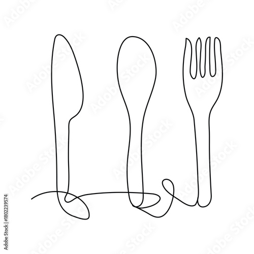 Continuous one line drawing.Forks, spoons, knife plates and all eating and cooking utensils, can be used for restaurant logos, cakes, business art, banners and others. Black and white vector Design.