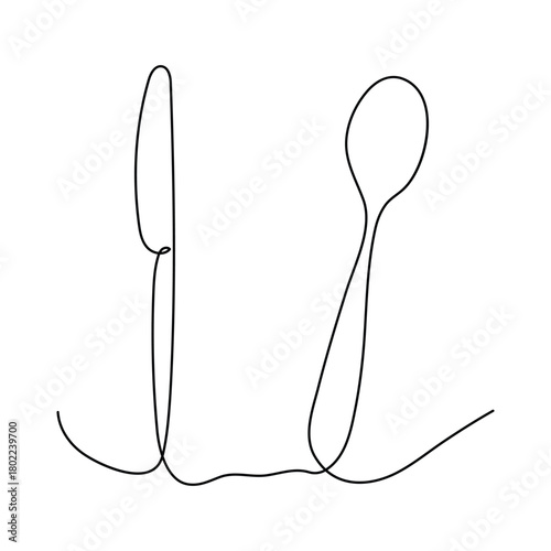 Continuous one line drawing.Forks, spoons, knife plates and all eating and cooking utensils, can be used for restaurant logos, cakes, business art, banners and others. Black and white vector Design.