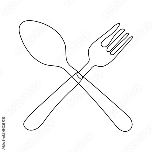 Continuous one line drawing.Forks, spoons, knife plates and all eating and cooking utensils, can be used for restaurant logos, cakes, business art, banners and others. Black and white vector Design.