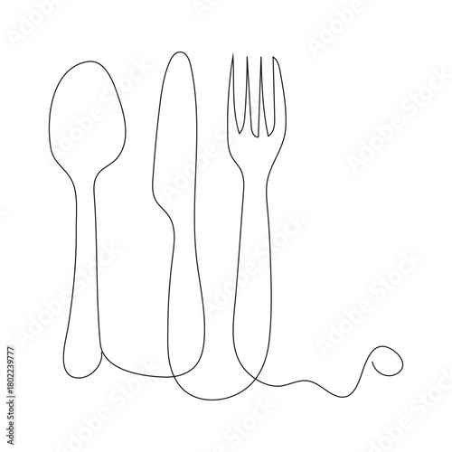 Continuous one line drawing.Forks, spoons, knife plates and all eating and cooking utensils, can be used for restaurant logos, cakes, business art, banners and others. Black and white vector Design.