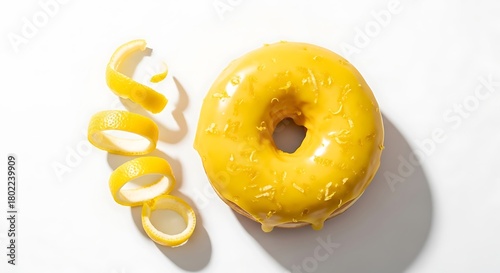 Bright yellow glazed donut with lemon zest on white background