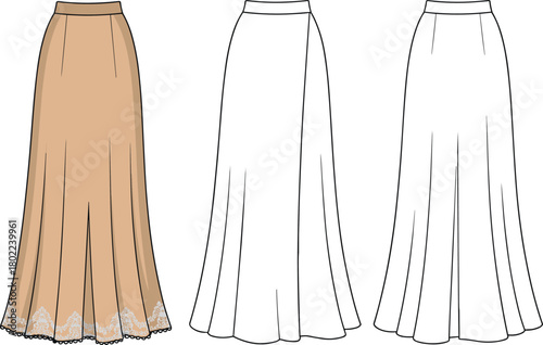 Women's flared skirt, lace hem detail, fashion flat sketch, garment design template, CAD style, cad drawing flat vector illustration