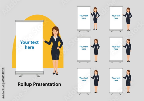 A business woman in a black suit next to various white rollup banners with the words 'Your text here', showing a presentation template or promotional display.