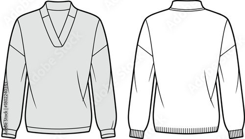 Women's pullover top, long sleeve fashion, V-neck collar design, dropped shoulder sketch, CAD template, cad drawing flat vector illustration