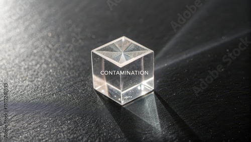Precisely cut translucent crystal cube with the word CONTAMINATION etched, resting on a dark textured surface.