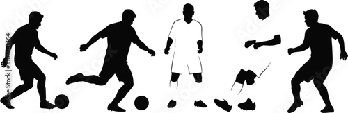 Soccer player silhouette, football action pose, dribbling motion, kicking ball, vector art, black icon, cad drawing flat illustration, sports graphic