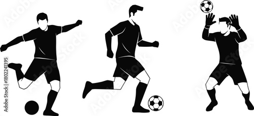 Soccer player silhouette, football action pose, goalkeeper catching ball, dribbling motion, kicking vector art, black icon, cad drawing flat illustration