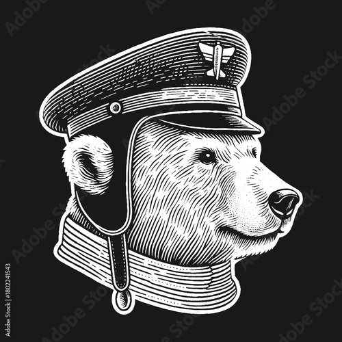 Polar Bear in Pilot Hat: A Detailed Engraving.