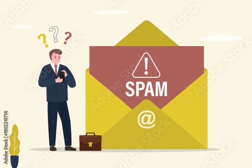 Danger of scam and phishing. Businessman or user looking on malware from email. Hack, steal password or personal data. Hacker, virus attack, trojan, adware,