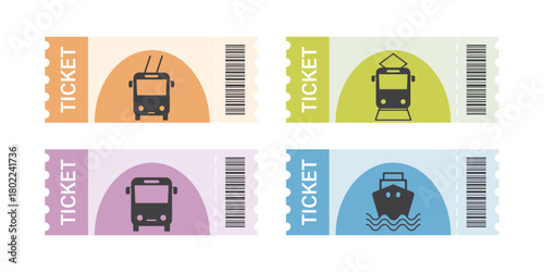 Set of transport tickets. Bus and metro pass. Trolley paper card. Bot or ferry access ticket, design template. Subway and railway passenger entrance signs.