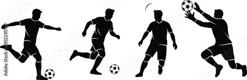 Soccer player silhouette, football action pose, goalkeeper jump, heading ball, dribbling motion, vector art, cad drawing flat illustration, sports graphic