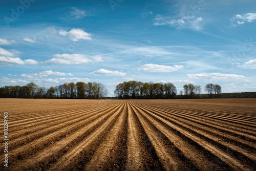 A vast, freshly tilled field stretches toward a treeline under a bright blue sky