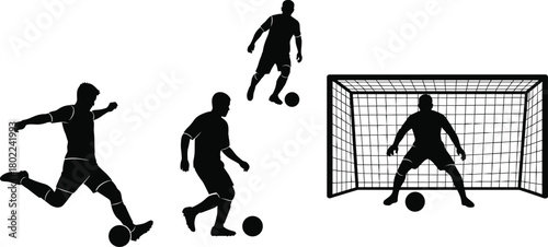 Soccer player silhouette, football action pose, goalkeeper defending goal, dribbling motion, kicking ball, vector art, cad drawing flat illustration, sports graphic