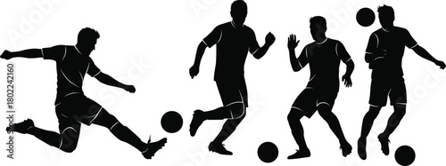 Soccer player silhouette, football action pose, kicking ball, dribbling motion, defensive stance, vector art, black icon, cad drawing flat illustration
