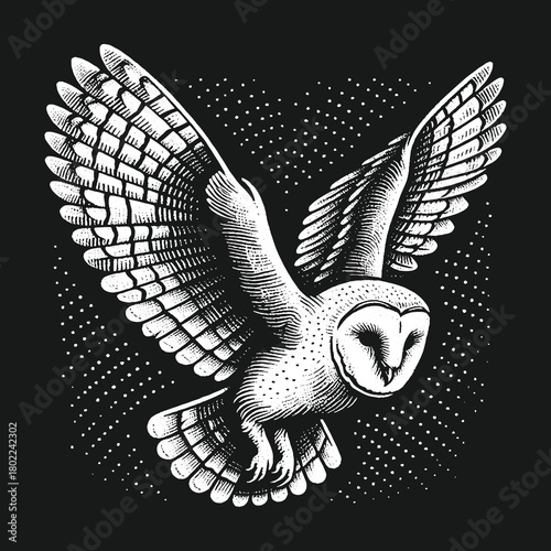 Majestic Barn Owl in Flight Against a Starry Night Sky.