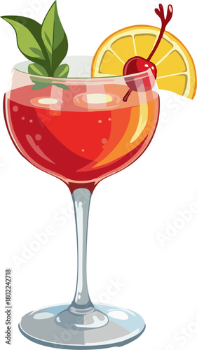 Vector Illustration of Coupe Cocktail Glass with Red Drink, Orange Slice, Cherry, and Mint Garnish – Classic Summer Cosmopolitan Art