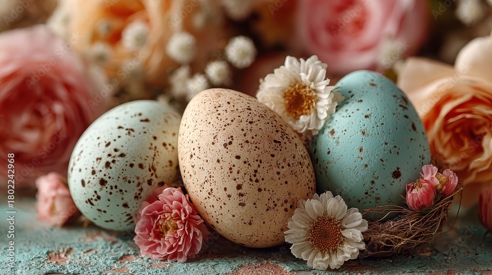 Obraz premium Easter eggs and spring flowers create a pastel floral display of celebration and new beginnings